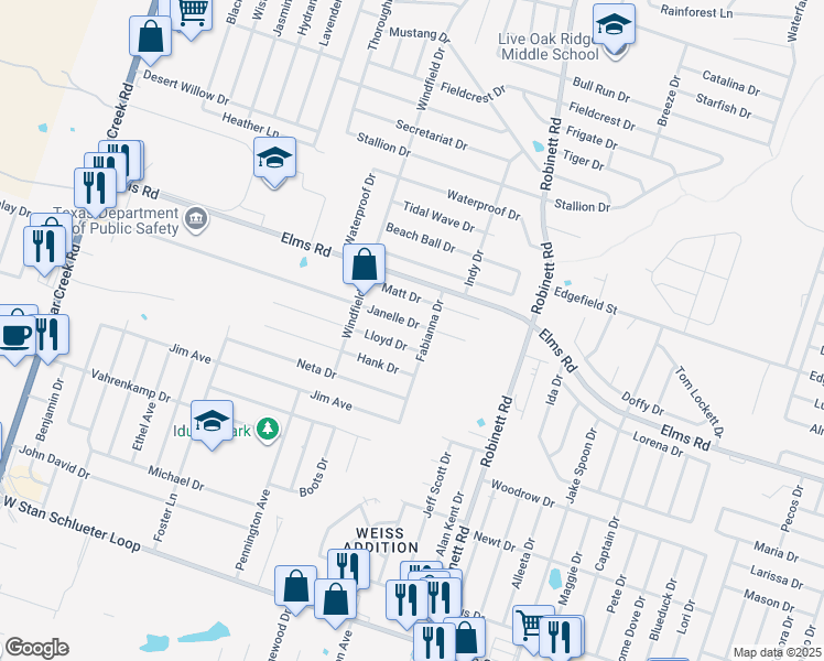 map of restaurants, bars, coffee shops, grocery stores, and more near 4303 Janelle Drive in Killeen