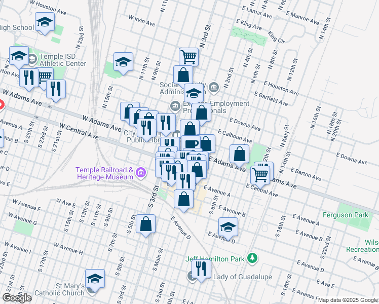 map of restaurants, bars, coffee shops, grocery stores, and more near 106 North Main Street in Temple