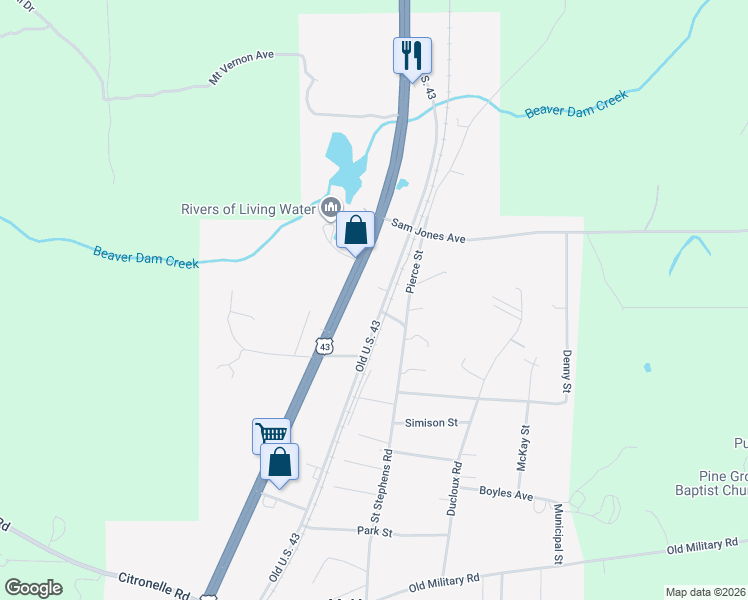 map of restaurants, bars, coffee shops, grocery stores, and more near 19495 Old Highway 43 in Mount Vernon