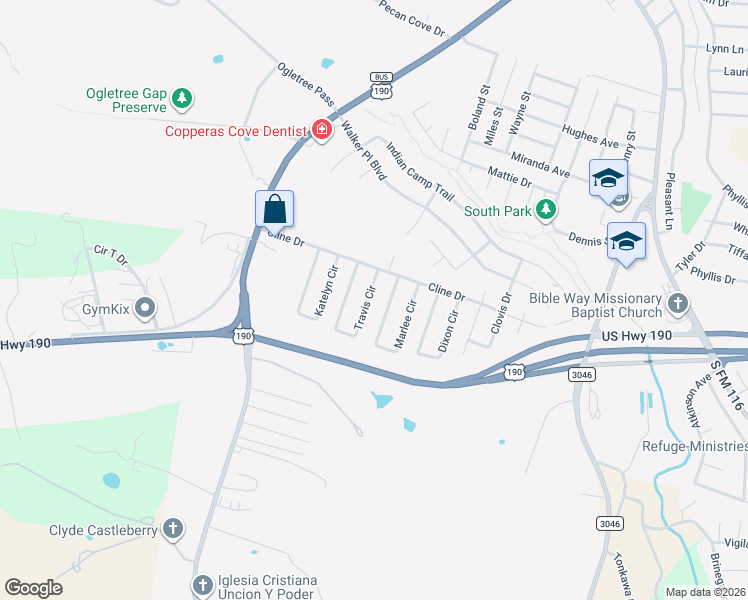 map of restaurants, bars, coffee shops, grocery stores, and more near 1109 Travis Circle in Copperas Cove