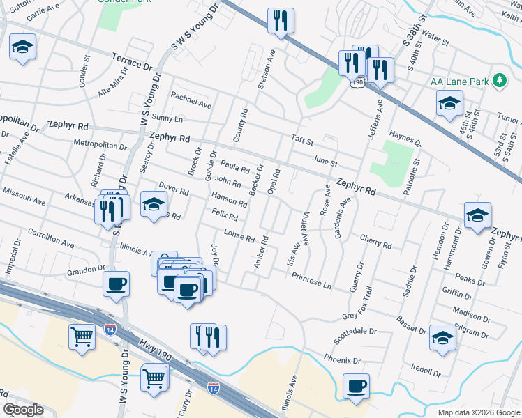 map of restaurants, bars, coffee shops, grocery stores, and more near 1406 Opal Road in Killeen