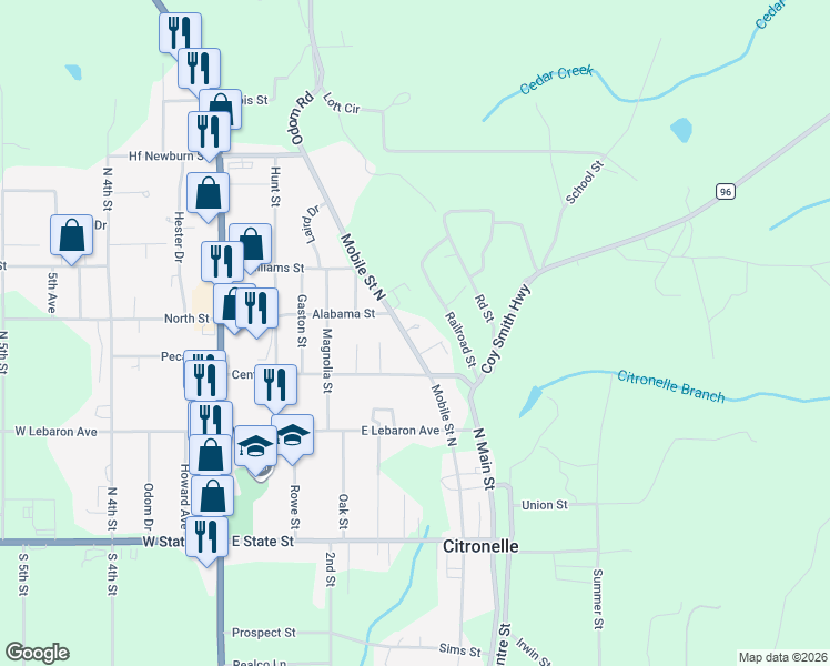 map of restaurants, bars, coffee shops, grocery stores, and more near 19500 Mobile Street North in Citronelle