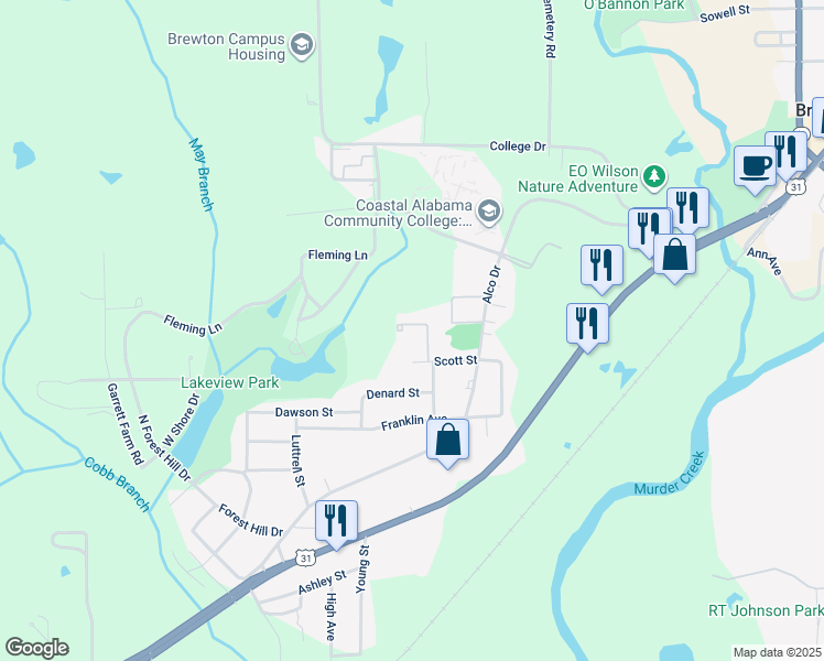 map of restaurants, bars, coffee shops, grocery stores, and more near 398 Scott Street in Brewton