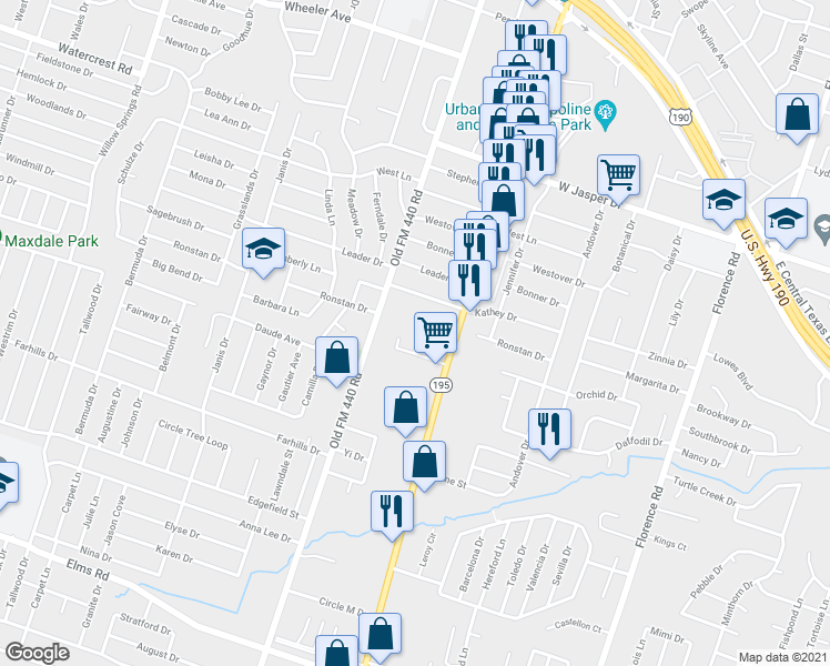 map of restaurants, bars, coffee shops, grocery stores, and more near 1709 Tanner Circle in Killeen