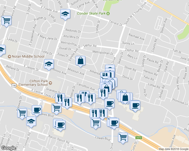 map of restaurants, bars, coffee shops, grocery stores, and more near 1510 Arkansas Avenue in Killeen