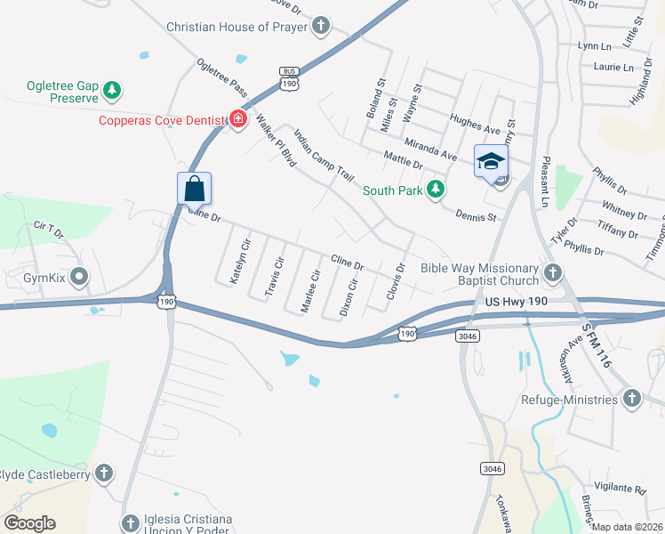 map of restaurants, bars, coffee shops, grocery stores, and more near 1322 Dixon Circle in Copperas Cove
