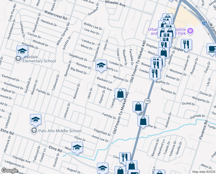 map of restaurants, bars, coffee shops, grocery stores, and more near 1500 Barbara Lane in Killeen