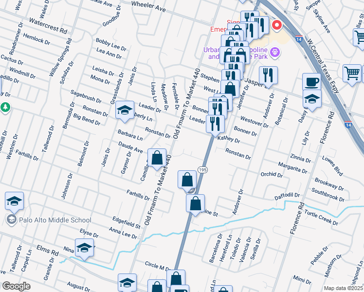 map of restaurants, bars, coffee shops, grocery stores, and more near 1706 Old FM 440 Road in Killeen