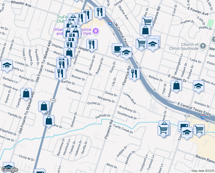 map of restaurants, bars, coffee shops, grocery stores, and more near 2308 Daisy Drive in Killeen
