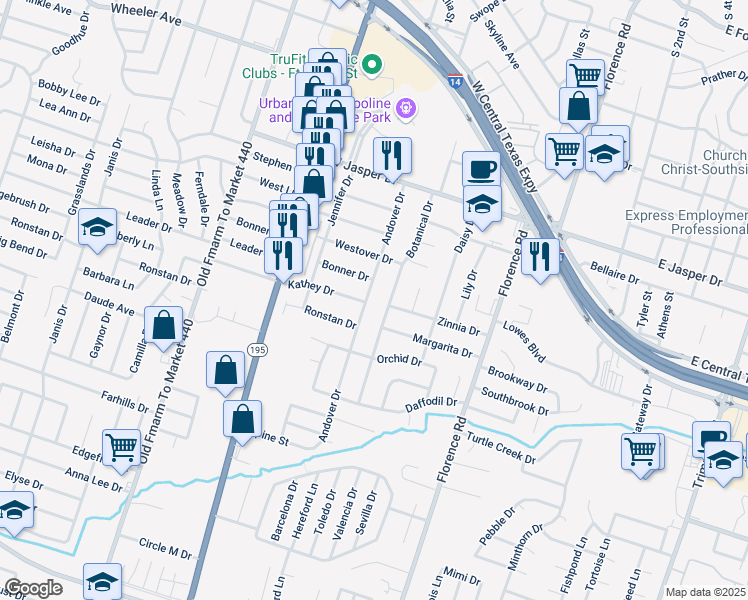 map of restaurants, bars, coffee shops, grocery stores, and more near 2310 Andover Drive in Killeen