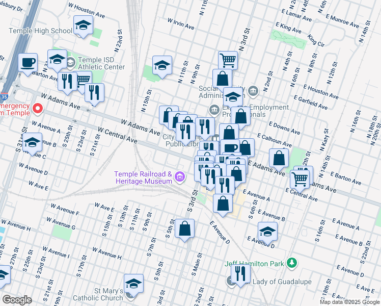 map of restaurants, bars, coffee shops, grocery stores, and more near 10 South 5th Street in Temple