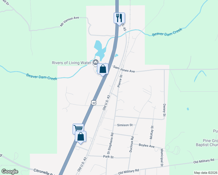 map of restaurants, bars, coffee shops, grocery stores, and more near 19495 Old Highway 43 in Mount Vernon