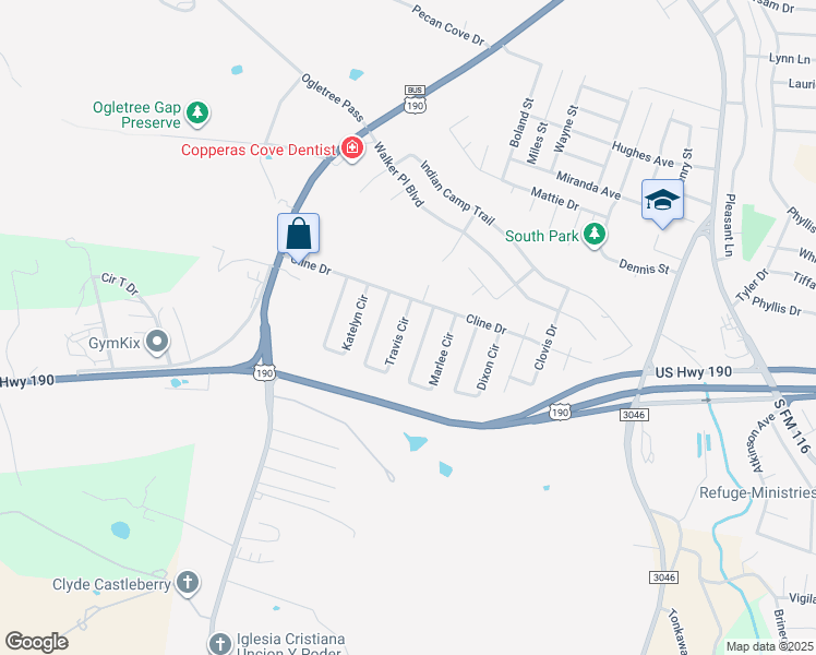 map of restaurants, bars, coffee shops, grocery stores, and more near 1109 Travis Circle in Copperas Cove