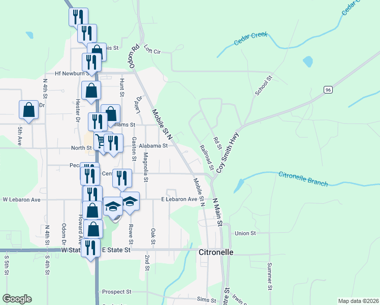 map of restaurants, bars, coffee shops, grocery stores, and more near 19500 Mobile Street North in Citronelle