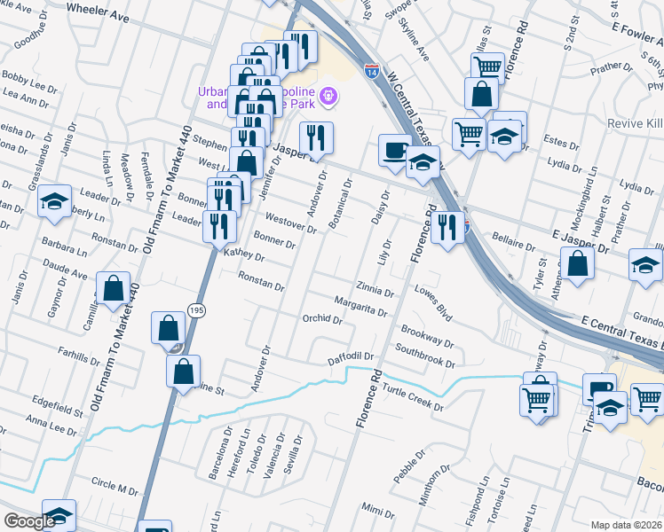 map of restaurants, bars, coffee shops, grocery stores, and more near 2307 Zinnia Court in Killeen