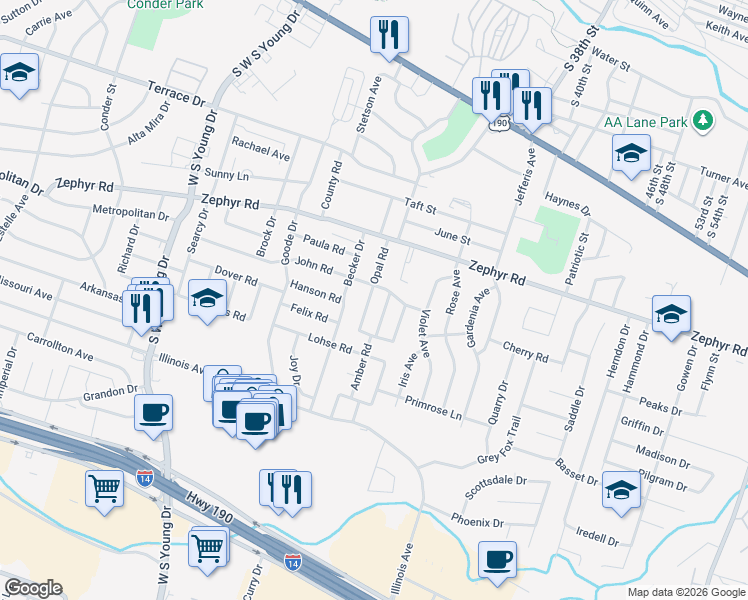 map of restaurants, bars, coffee shops, grocery stores, and more near 1406 Opal Road in Killeen