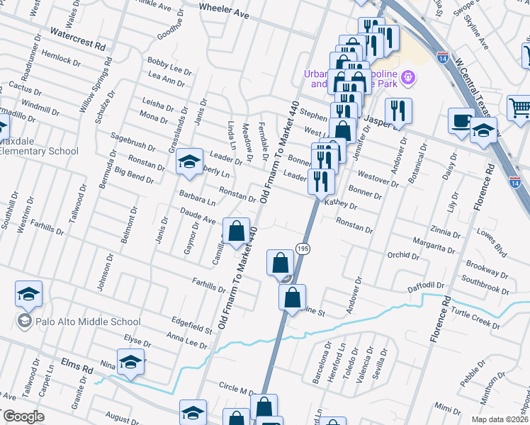 map of restaurants, bars, coffee shops, grocery stores, and more near 1706 Old FM 440 Road in Killeen