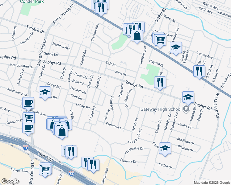 map of restaurants, bars, coffee shops, grocery stores, and more near 1312 Violet Avenue in Killeen
