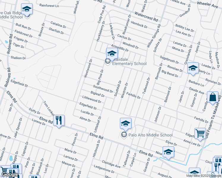 map of restaurants, bars, coffee shops, grocery stores, and more near 2507 Southwood Drive in Killeen