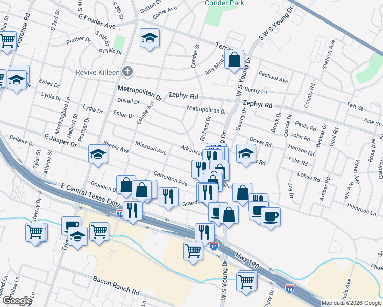 map of restaurants, bars, coffee shops, grocery stores, and more near 1510 Arkansas Avenue in Killeen