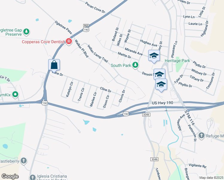 map of restaurants, bars, coffee shops, grocery stores, and more near 1304 Cline Drive in Copperas Cove