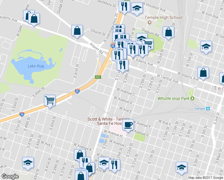 map of restaurants, bars, coffee shops, grocery stores, and more near 1603 West Avenue C in Temple