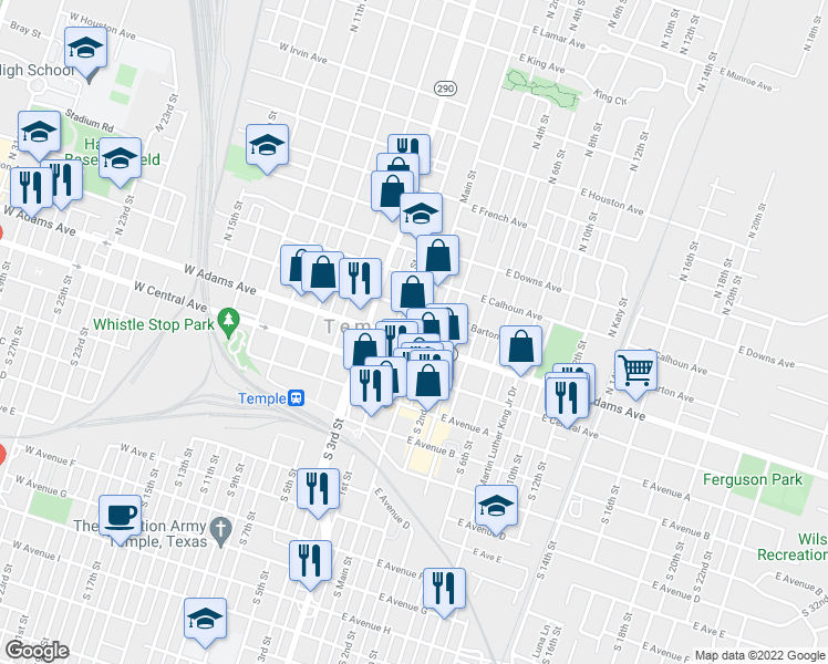 map of restaurants, bars, coffee shops, grocery stores, and more near 106 North Main Street in Temple
