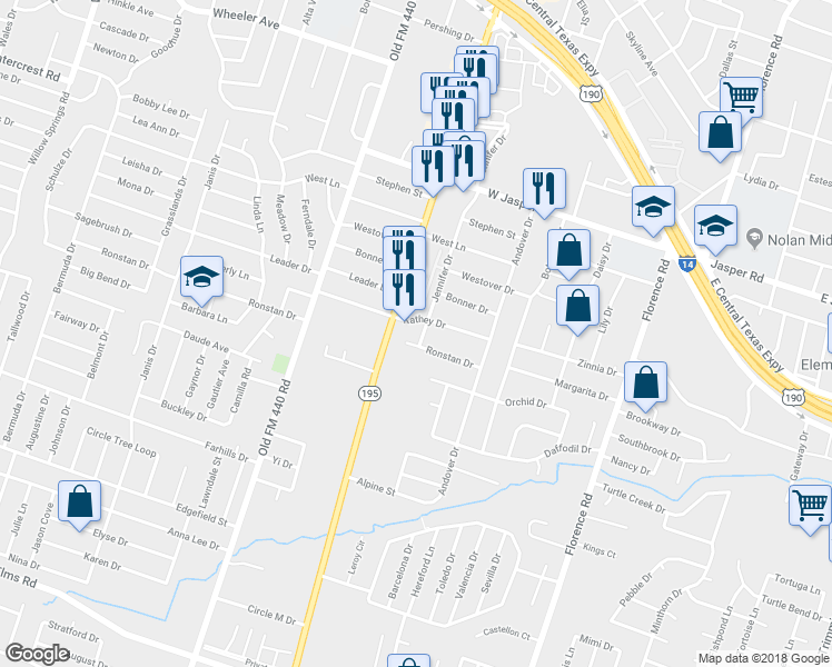 map of restaurants, bars, coffee shops, grocery stores, and more near 2399 Jennifer Drive in Killeen
