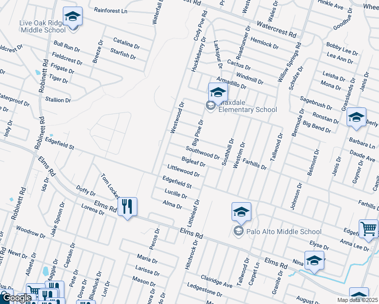 map of restaurants, bars, coffee shops, grocery stores, and more near 2700 Southwood Drive in Killeen
