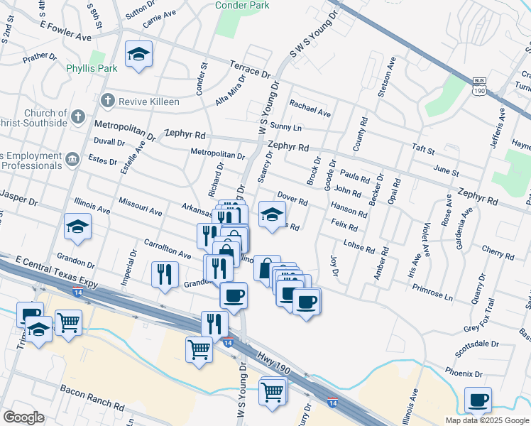 map of restaurants, bars, coffee shops, grocery stores, and more near 1511 Heath Drive in Killeen