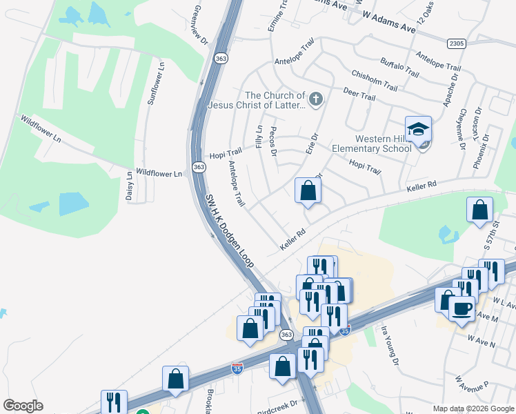 map of restaurants, bars, coffee shops, grocery stores, and more near H Northeast H K Dodgen Loop in Temple
