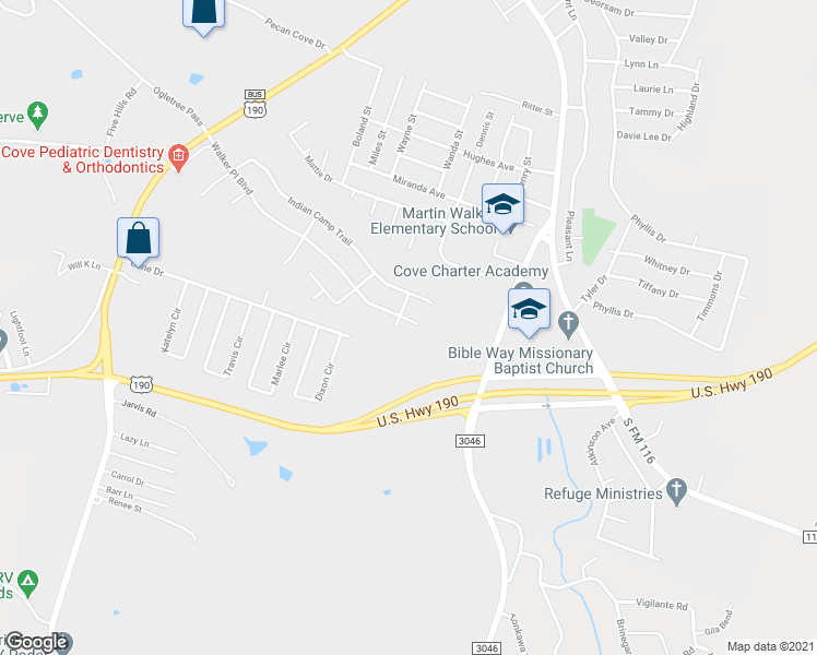 map of restaurants, bars, coffee shops, grocery stores, and more near 1511 Walker Place Boulevard in Copperas Cove