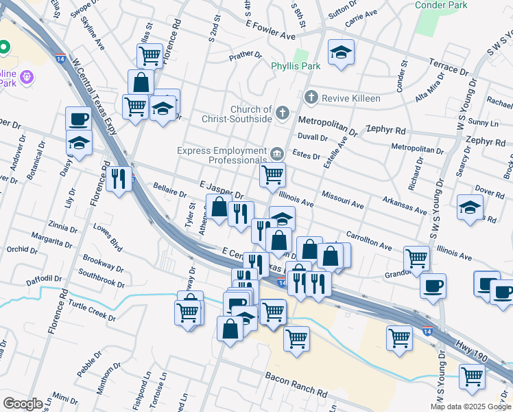 map of restaurants, bars, coffee shops, grocery stores, and more near 901 Bellaire Drive in Killeen