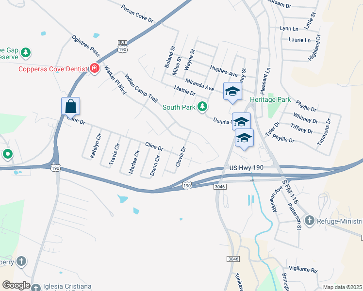 map of restaurants, bars, coffee shops, grocery stores, and more near 1513 Walker Place Boulevard in Copperas Cove