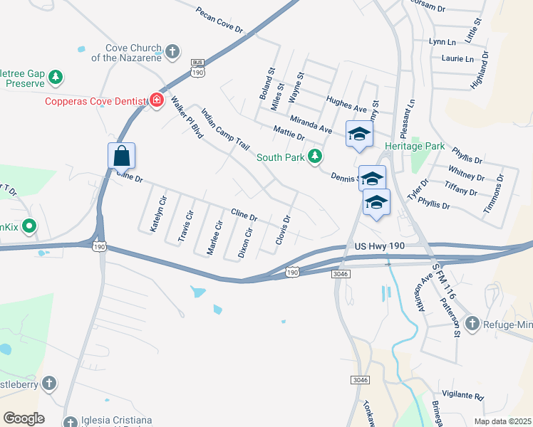 map of restaurants, bars, coffee shops, grocery stores, and more near 1304 Cline Drive in Copperas Cove