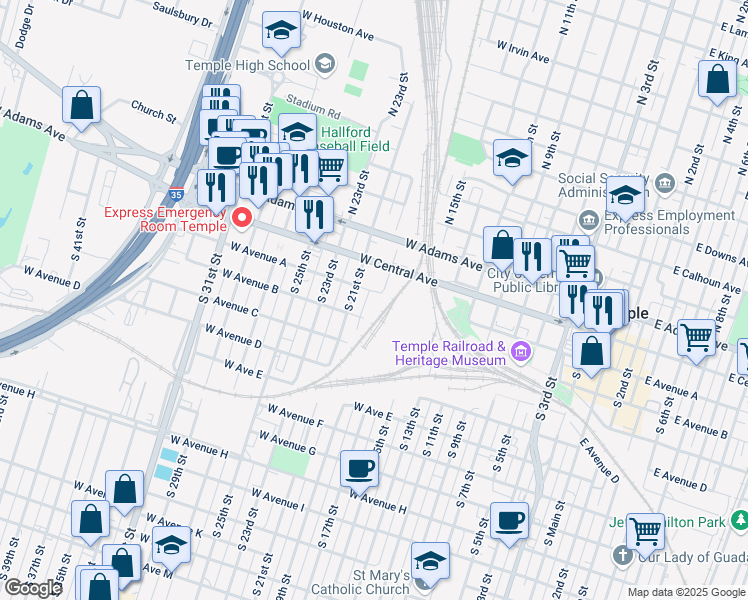 map of restaurants, bars, coffee shops, grocery stores, and more near 1007 West Avenue A in Temple