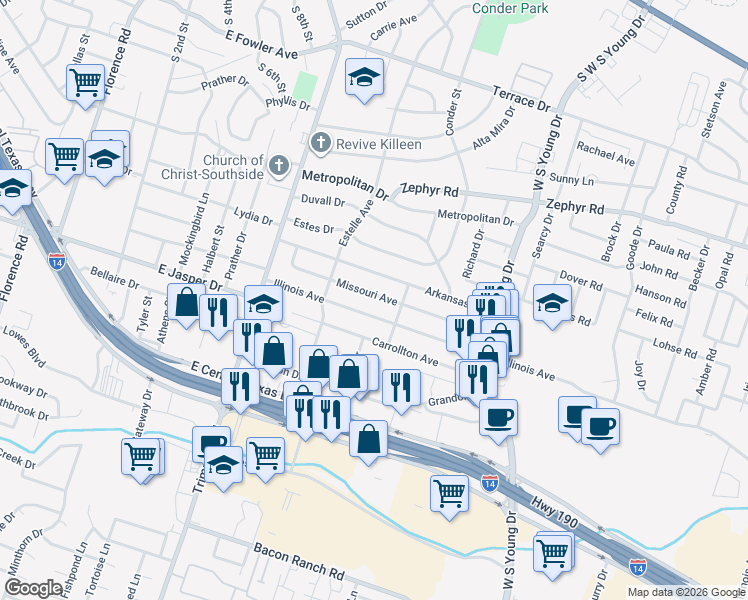 map of restaurants, bars, coffee shops, grocery stores, and more near 1314 Missouri Avenue in Killeen
