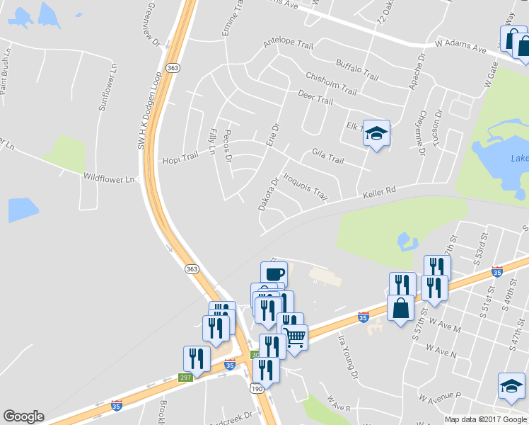 map of restaurants, bars, coffee shops, grocery stores, and more near 1101 Dakota Drive in Temple