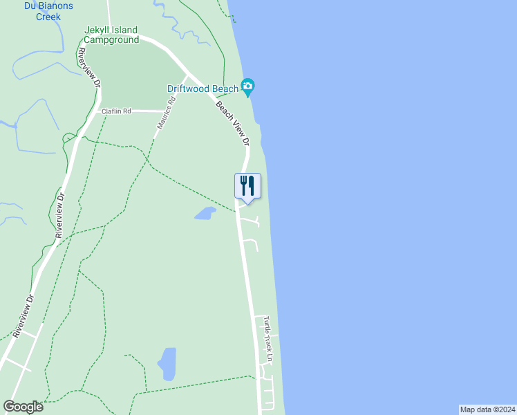 map of restaurants, bars, coffee shops, grocery stores, and more near 1174 Beachview Drive North in Jekyll Island