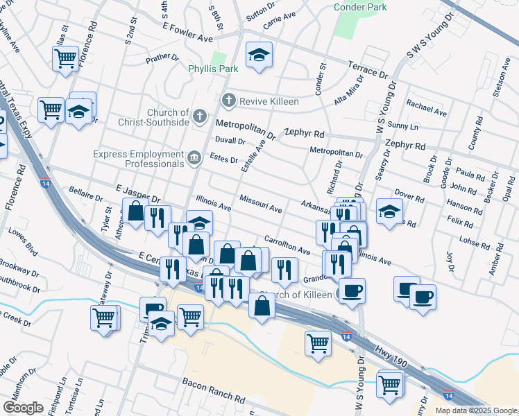 map of restaurants, bars, coffee shops, grocery stores, and more near 1314 Missouri Avenue in Killeen