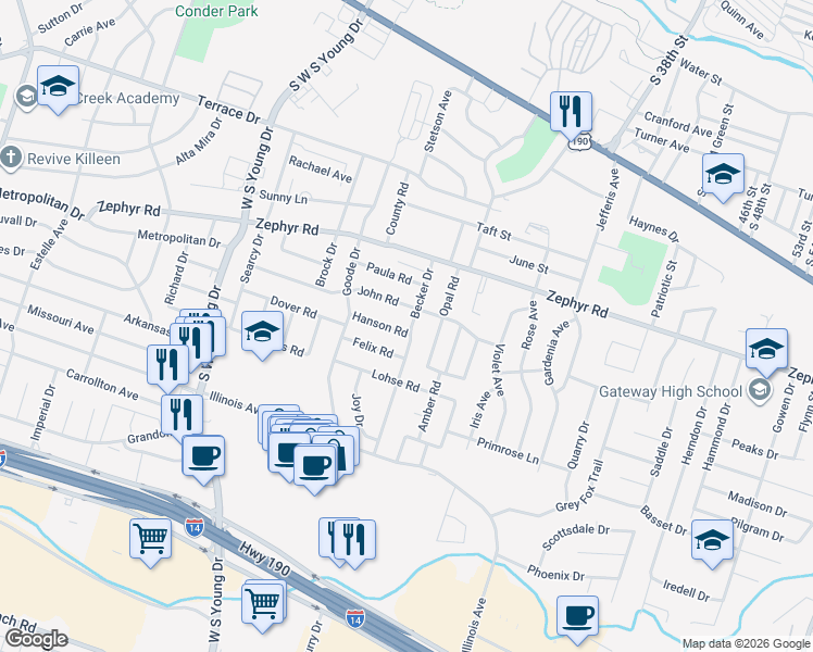 map of restaurants, bars, coffee shops, grocery stores, and more near 2507 Hanson Road in Killeen