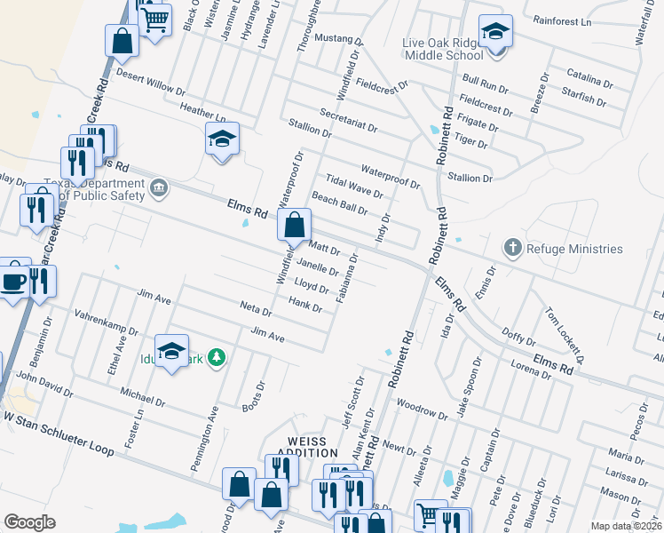 map of restaurants, bars, coffee shops, grocery stores, and more near 4303 Janelle Drive in Killeen