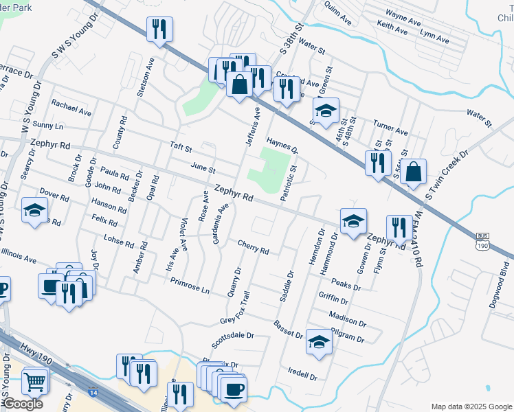 map of restaurants, bars, coffee shops, grocery stores, and more near 3404 Zephyr Road in Killeen