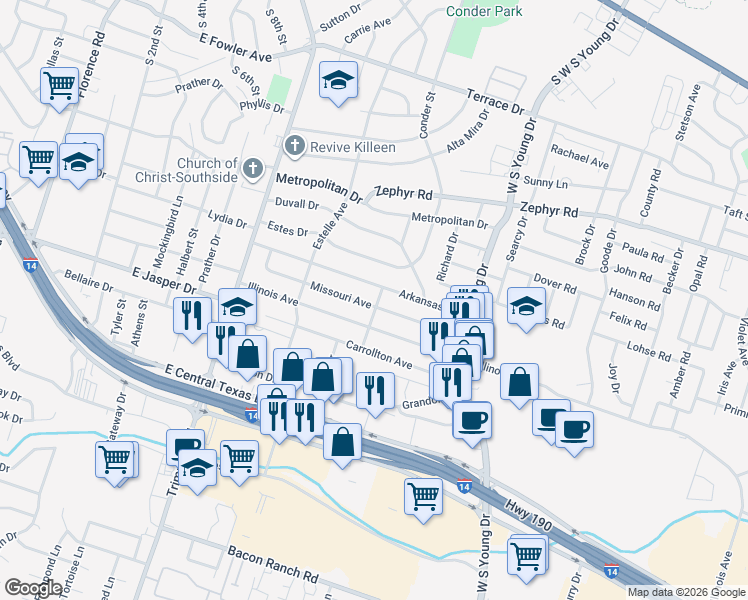 map of restaurants, bars, coffee shops, grocery stores, and more near 1413 Missouri Avenue in Killeen