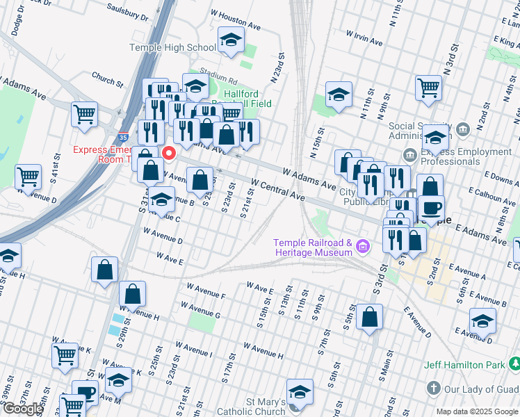 map of restaurants, bars, coffee shops, grocery stores, and more near 1007 West Avenue A in Temple