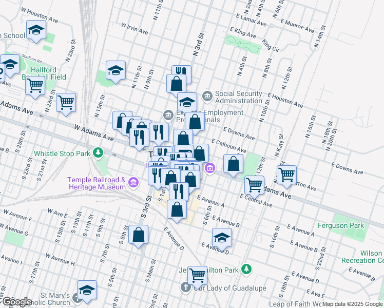 map of restaurants, bars, coffee shops, grocery stores, and more near 111 North Main Street in Temple
