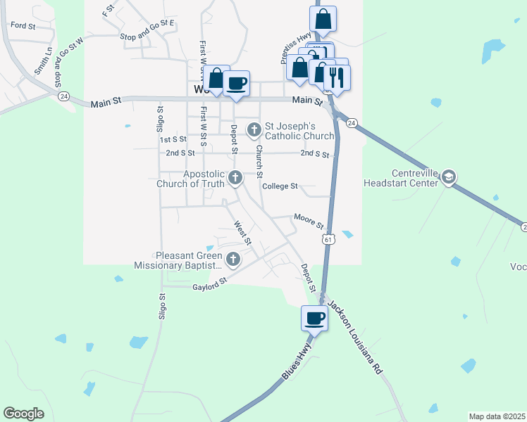 map of restaurants, bars, coffee shops, grocery stores, and more near Depot Street in Woodville