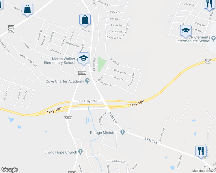 map of restaurants, bars, coffee shops, grocery stores, and more near 2721 Phyllis Drive in Copperas Cove
