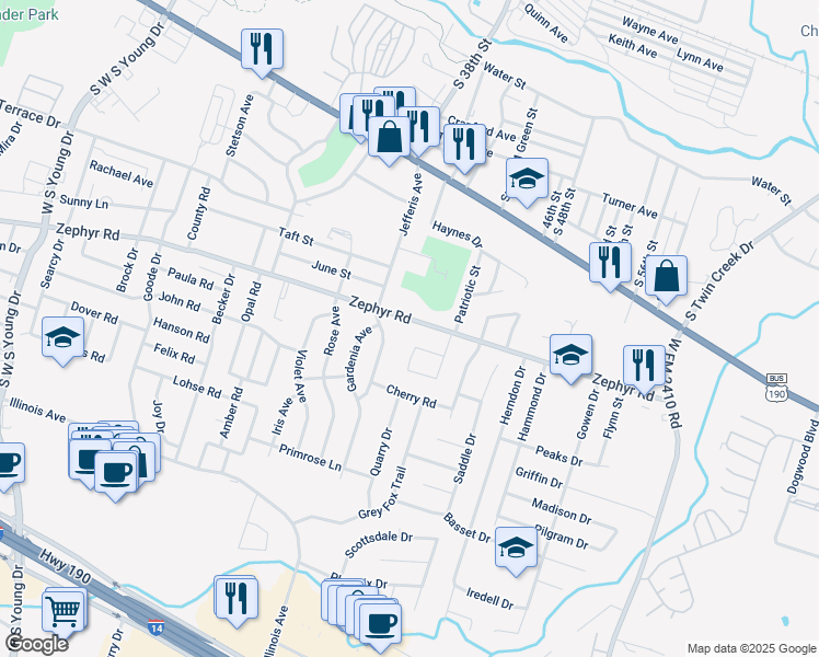 map of restaurants, bars, coffee shops, grocery stores, and more near 1308 Jefferis Avenue in Killeen