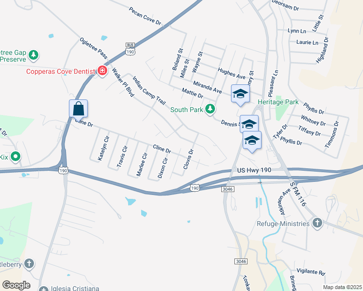 map of restaurants, bars, coffee shops, grocery stores, and more near 1304 Cline Drive in Copperas Cove